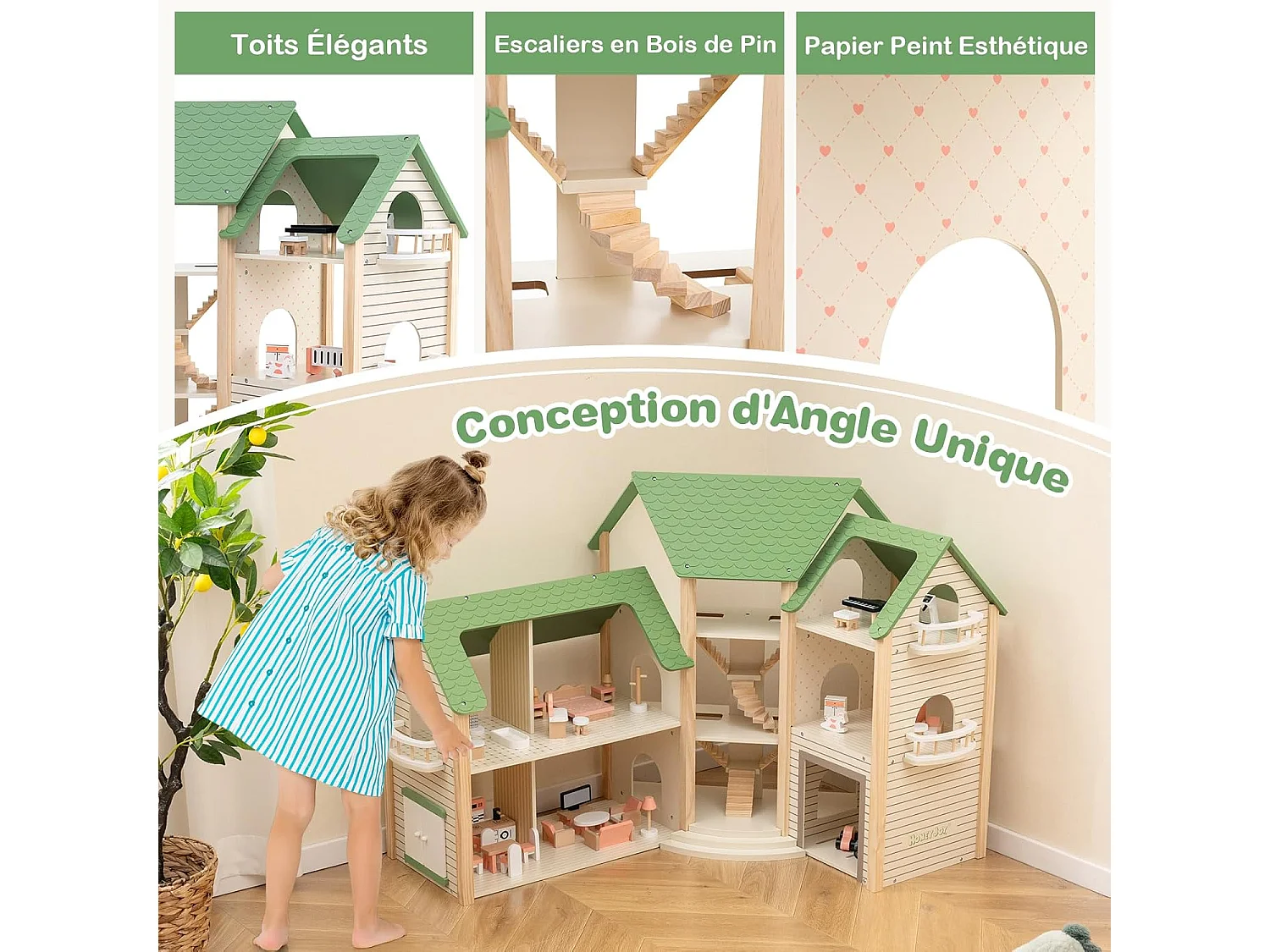 Maison de Poupée en Bois avec 6 Pièces & 36 Meubles, Maison de Rêve avec Toit Vert & Garage & Balcon,  Jeu d’Imitation Princesse pour 3 Ans+, 87 x 37 x 83 cm