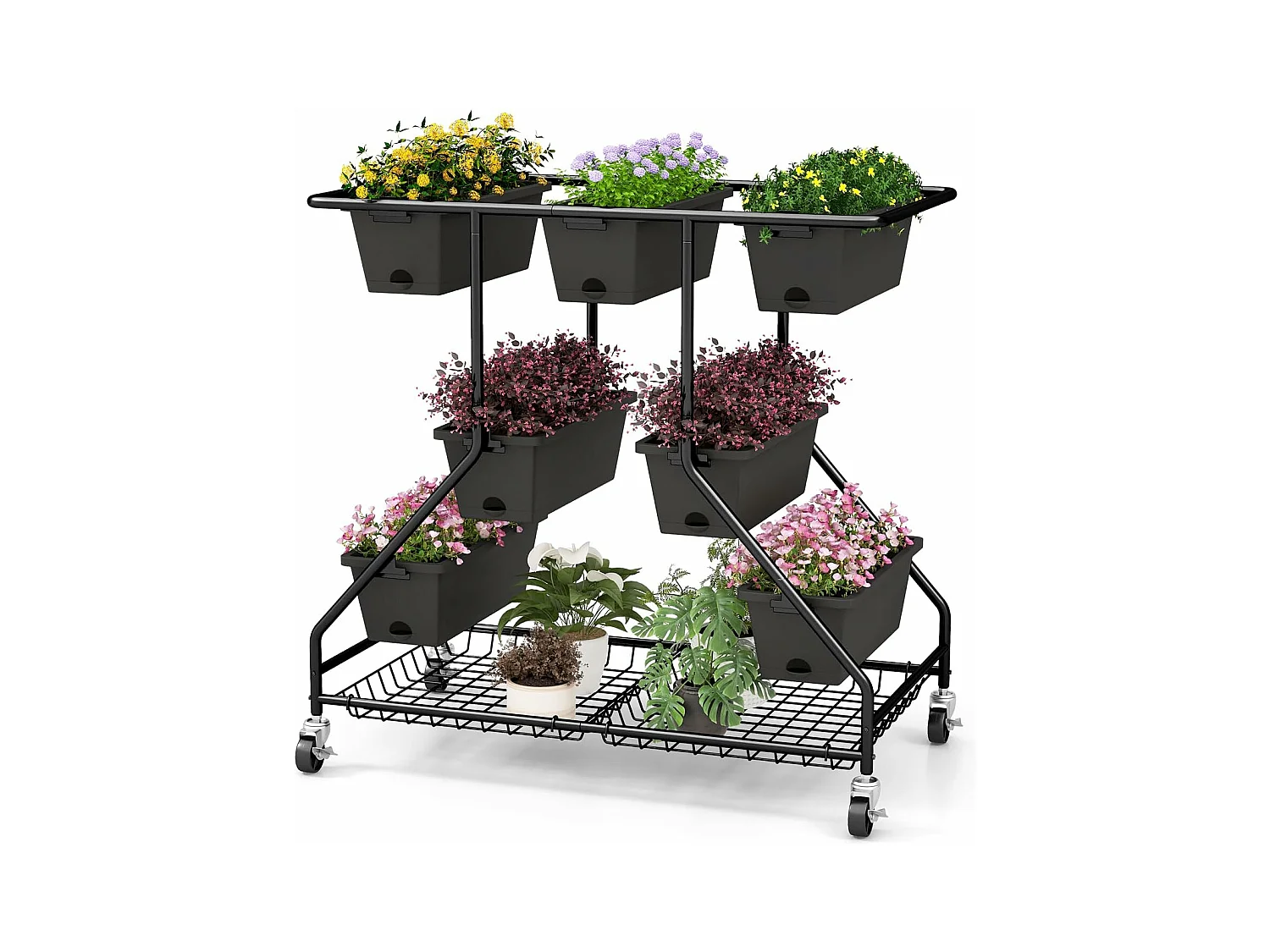 Jardinière Surélevée Vertical avec 7 Bacs de Plantation Trous de Drainage, Lit de Jardin avec Paniers de Rangement 4 roulettes Verrouillables, 100 x 56 x 99 cm