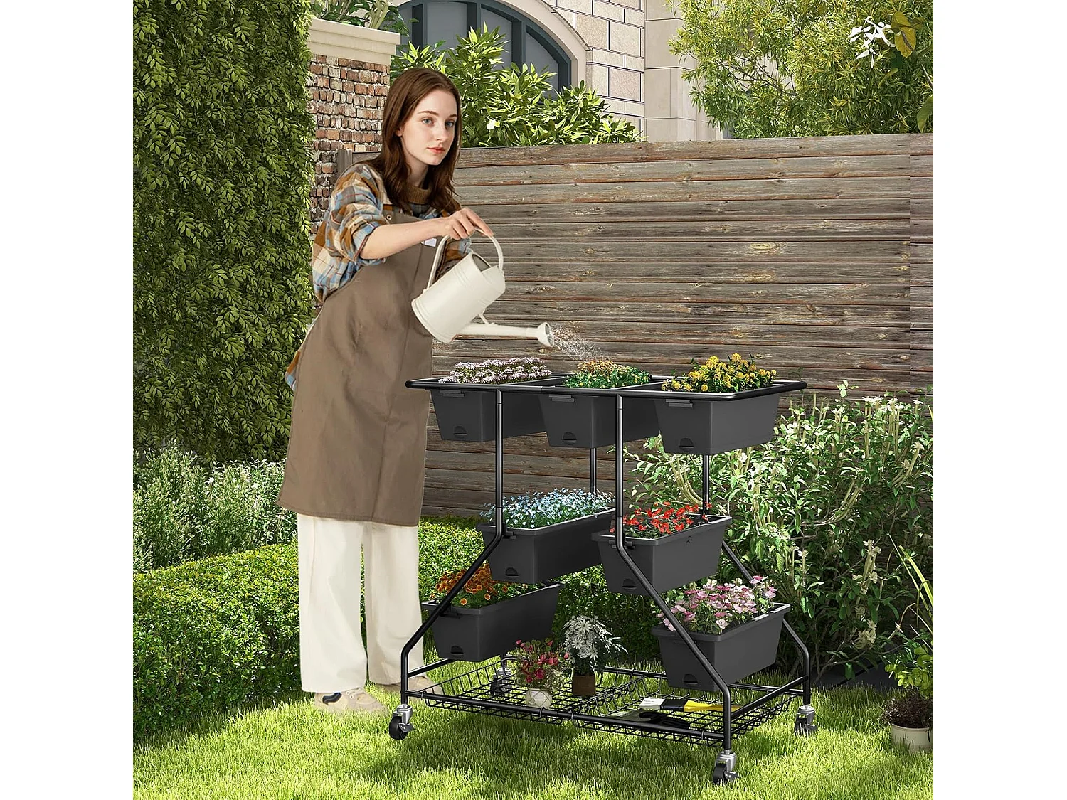 Jardinière Surélevée Vertical avec 7 Bacs de Plantation Trous de Drainage, Lit de Jardin avec Paniers de Rangement 4 roulettes Verrouillables, 100 x 56 x 99 cm