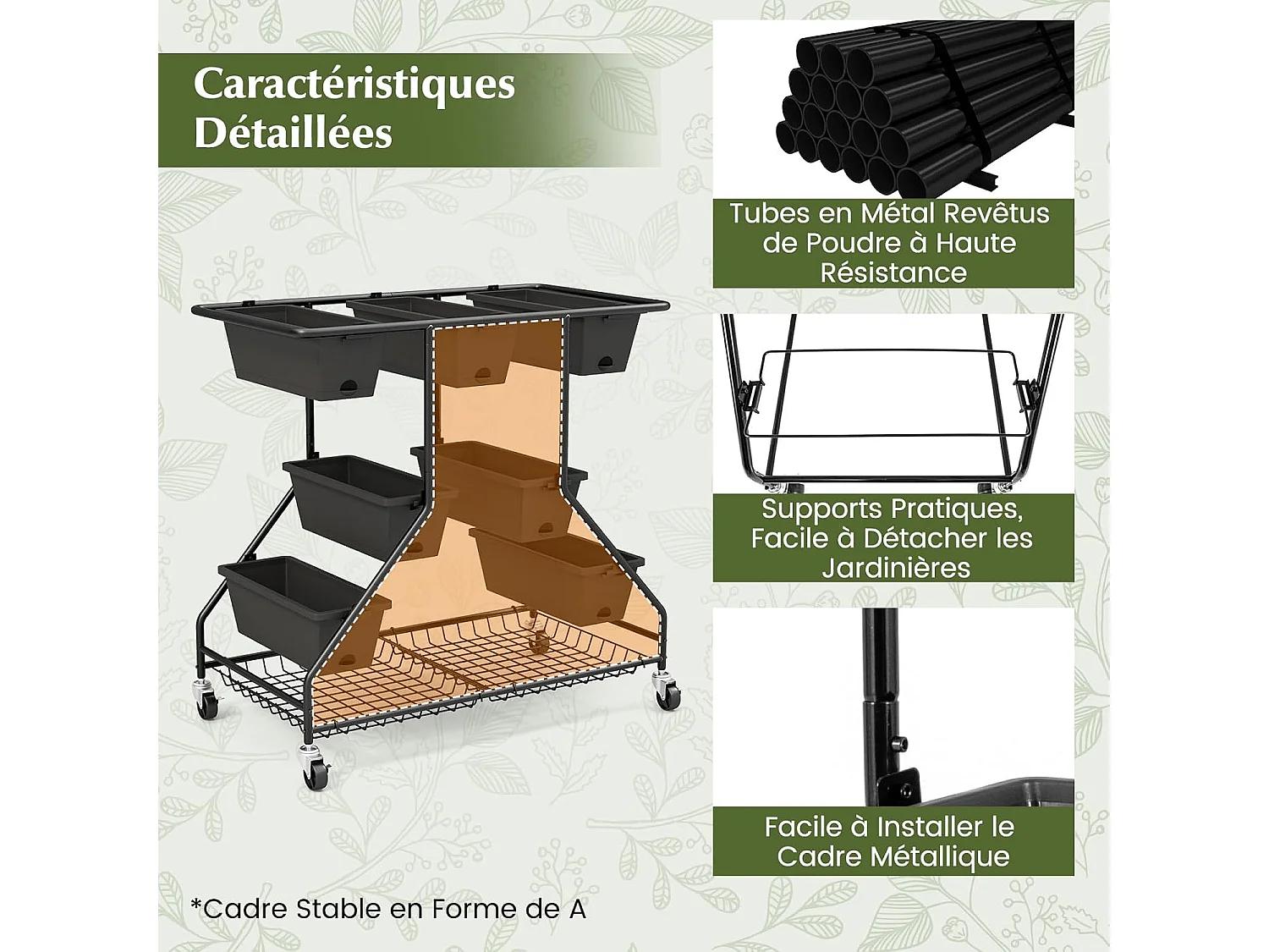 Jardinière Surélevée Vertical avec 7 Bacs de Plantation Trous de Drainage, Lit de Jardin avec Paniers de Rangement 4 roulettes Verrouillables, 100 x 56 x 99 cm