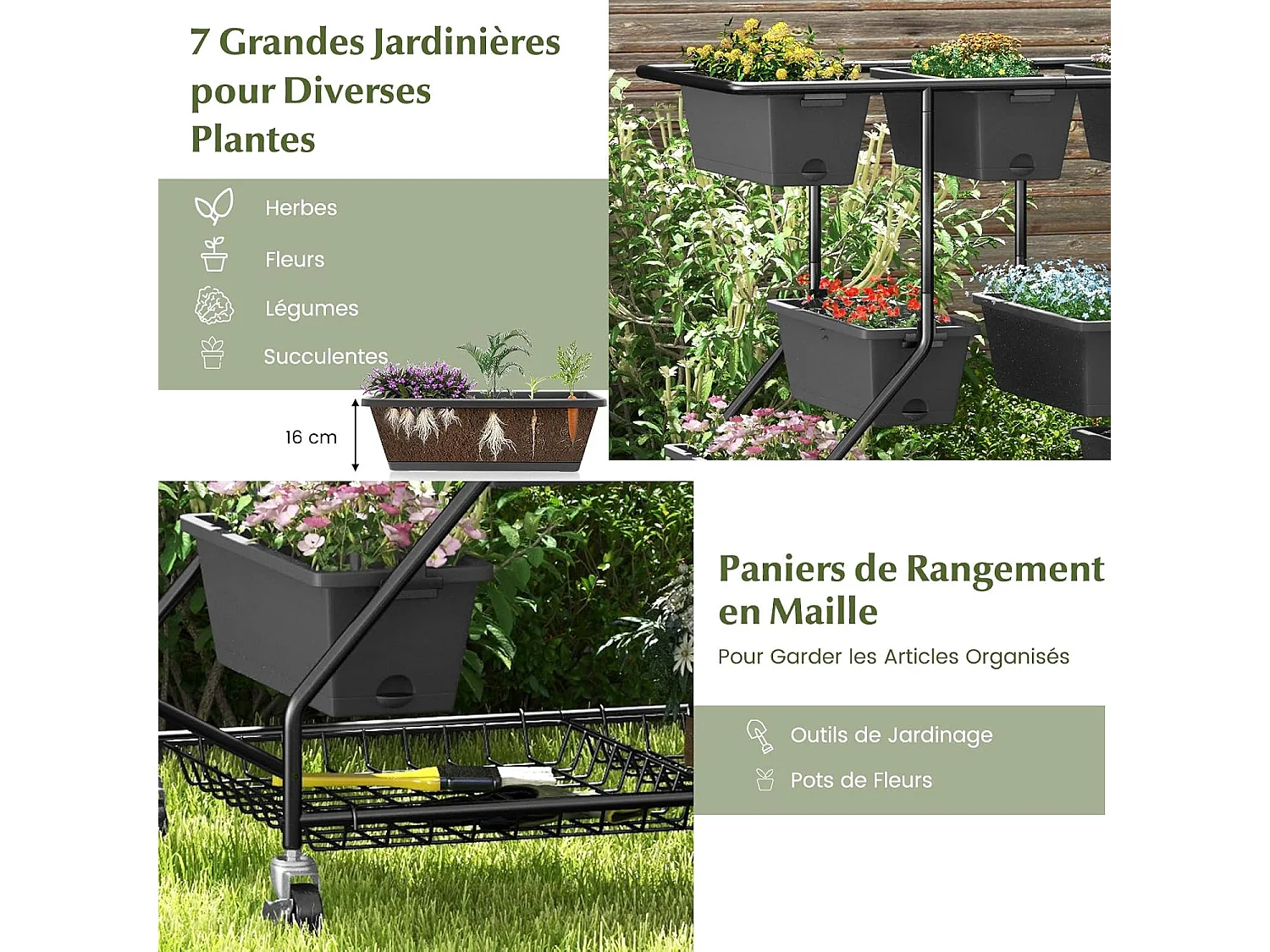 Jardinière Surélevée Vertical avec 7 Bacs de Plantation Trous de Drainage, Lit de Jardin avec Paniers de Rangement 4 roulettes Verrouillables, 100 x 56 x 99 cm