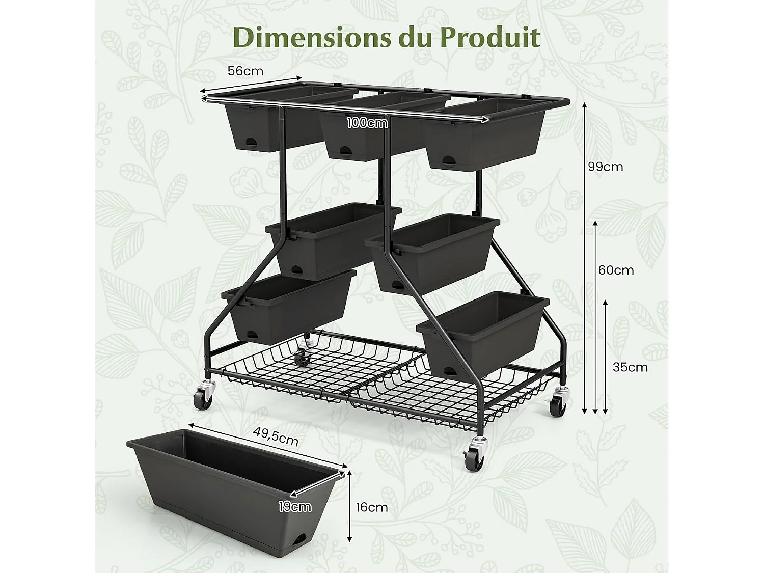 Jardinière Surélevée Vertical avec 7 Bacs de Plantation Trous de Drainage, Lit de Jardin avec Paniers de Rangement 4 roulettes Verrouillables, 100 x 56 x 99 cm