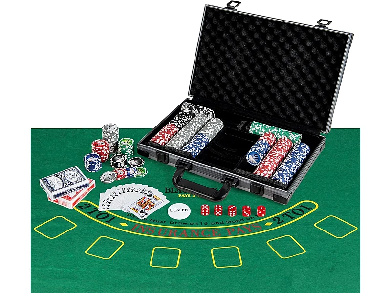 Pokerset met 400 laserchips, pokerkoffer met 2 speelkaarten, 5 dobbelstenen en dealer-knop, complete set, aluminium casino pokerkoffer met speelmat