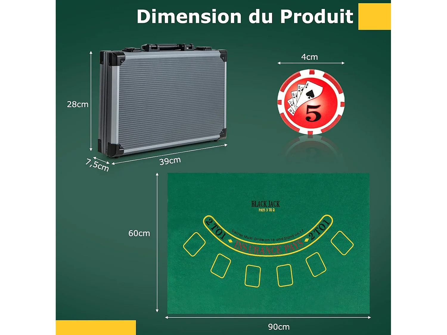 Mallette de Poker en Aluminium avec 400 Jetons & 2 Jeux de Cartes & 5 Dés, Coffret de Poker Verrouillable avec 1 Dealer & Tapis en Feutre & 2 Clés