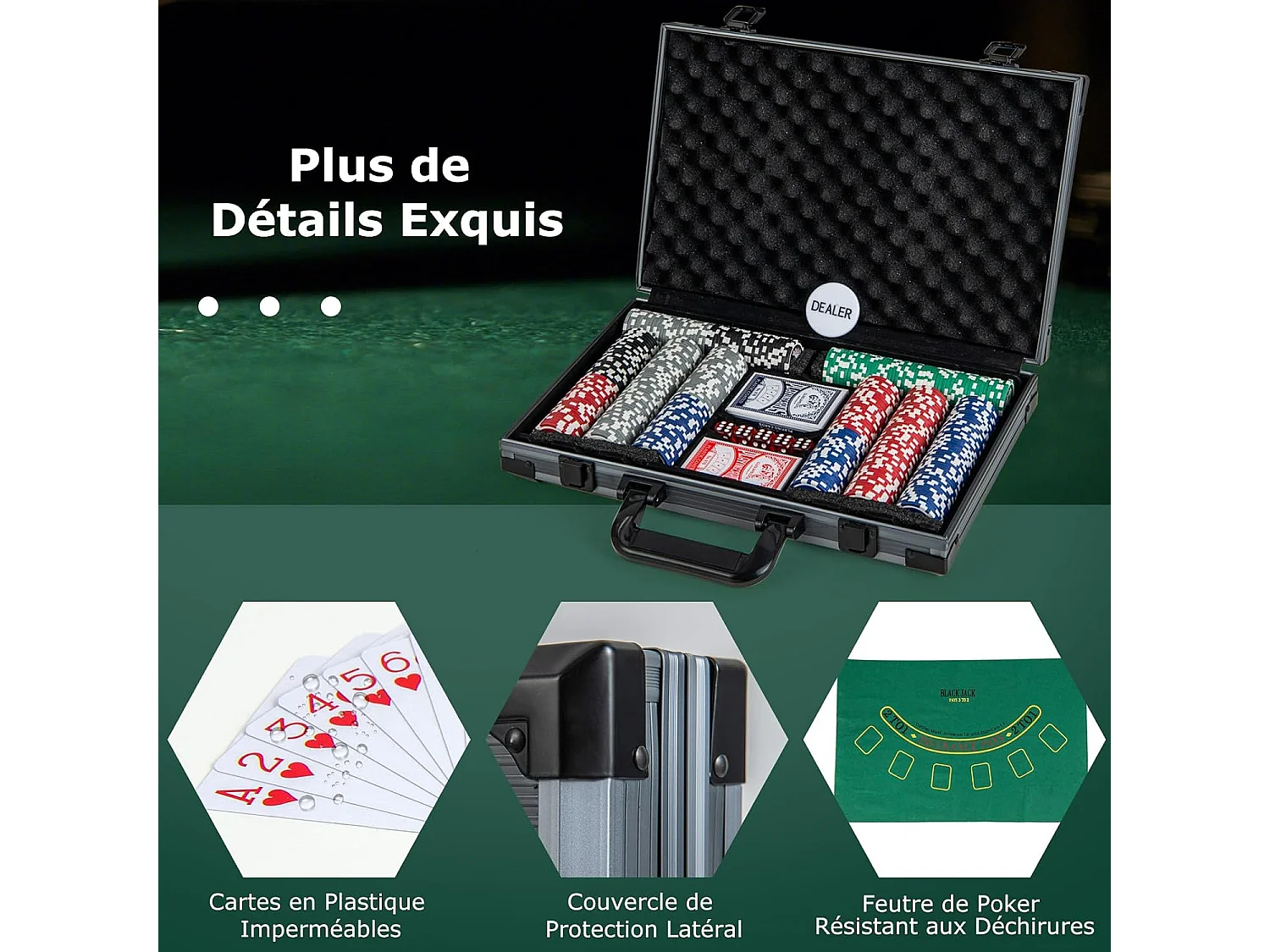 Mallette de Poker en Aluminium avec 400 Jetons & 2 Jeux de Cartes & 5 Dés, Coffret de Poker Verrouillable avec 1 Dealer & Tapis en Feutre & 2 Clés