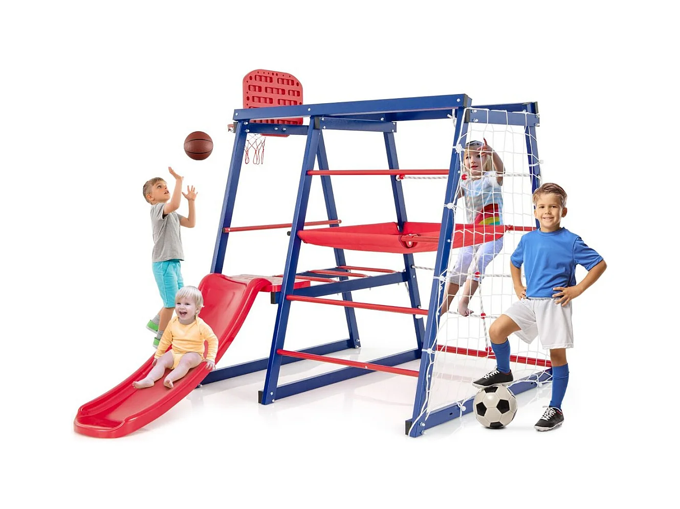 7 en 1 Aire de Jeux d’Escalade Enfant avec Toboggan & Panier de Basketball, Jouet d’Escalade Montessori avec 2 Plateforme,  Charge 120kg pour Enfants de 3-7 Ans