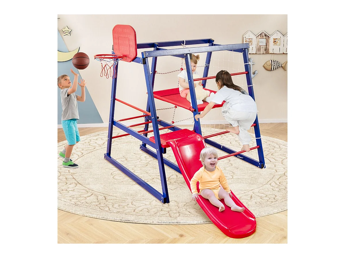 7 en 1 Aire de Jeux d’Escalade Enfant avec Toboggan & Panier de Basketball, Jouet d’Escalade Montessori avec 2 Plateforme,  Charge 120kg pour Enfants de 3-7 Ans