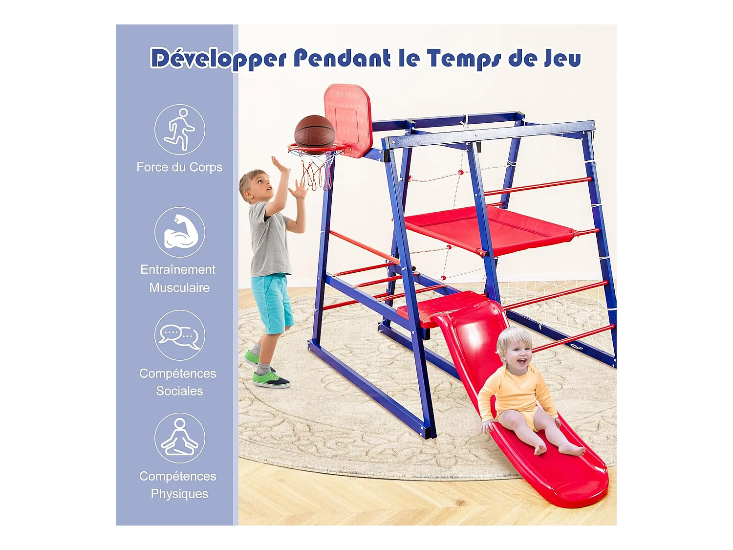 7 en 1 Aire de Jeux d’Escalade Enfant avec Toboggan & Panier de Basketball, Jouet d’Escalade Montessori avec 2 Plateforme,  Charge 120kg pour Enfants de 3-7 Ans