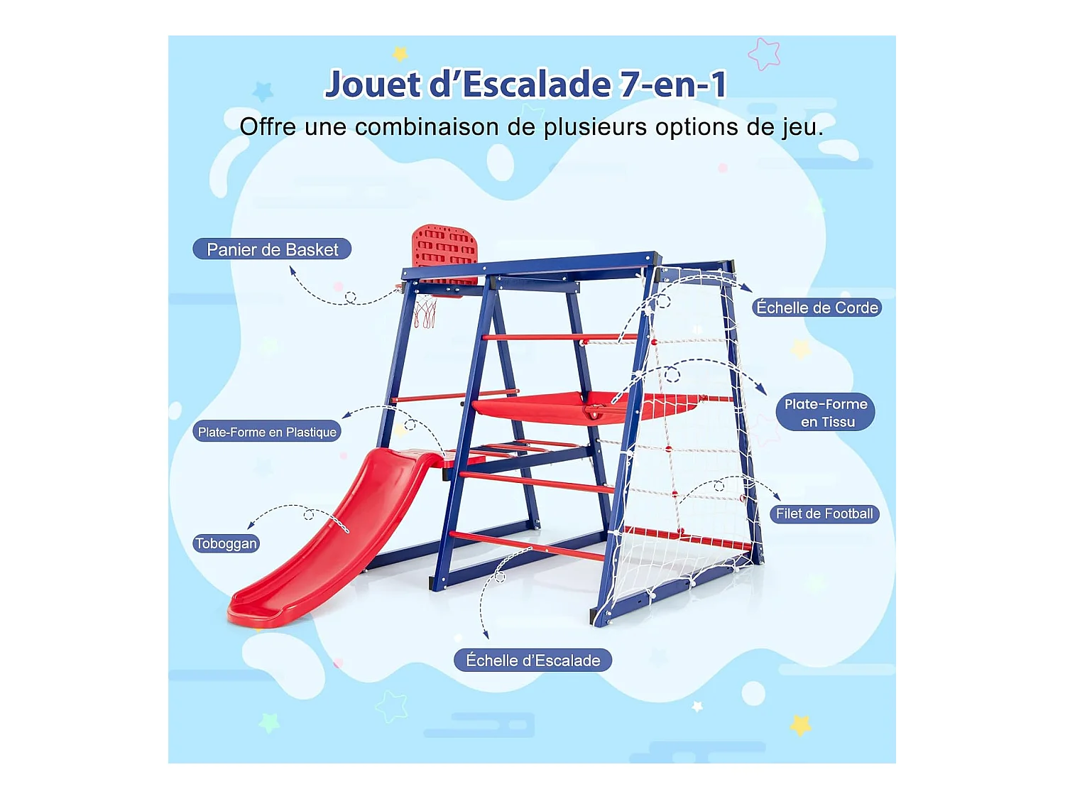 7 en 1 Aire de Jeux d’Escalade Enfant avec Toboggan & Panier de Basketball, Jouet d’Escalade Montessori avec 2 Plateforme,  Charge 120kg pour Enfants de 3-7 Ans