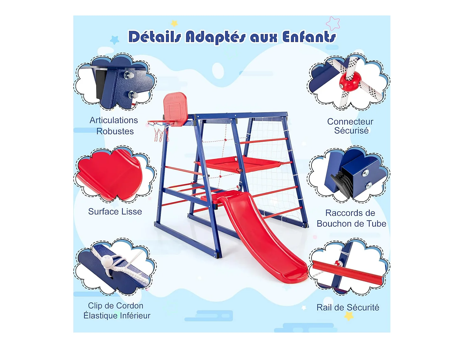 7 en 1 Aire de Jeux d’Escalade Enfant avec Toboggan & Panier de Basketball, Jouet d’Escalade Montessori avec 2 Plateforme,  Charge 120kg pour Enfants de 3-7 Ans