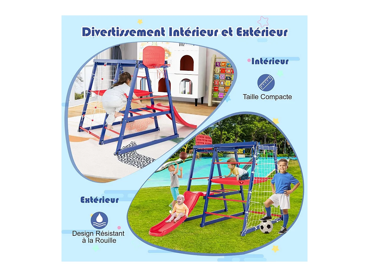 7 en 1 Aire de Jeux d’Escalade Enfant avec Toboggan & Panier de Basketball, Jouet d’Escalade Montessori avec 2 Plateforme,  Charge 120kg pour Enfants de 3-7 Ans
