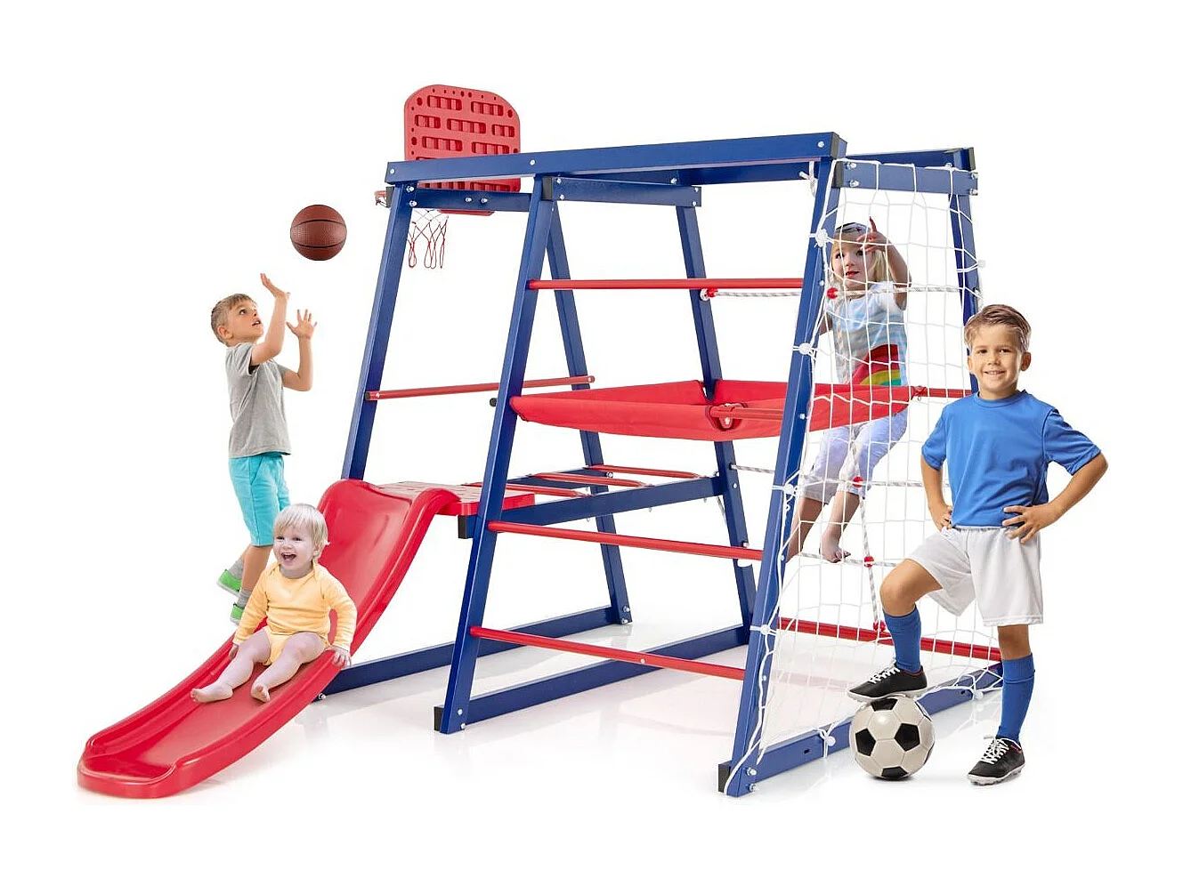 7 en 1 Aire de Jeux d’Escalade Enfant avec Toboggan & Panier de Basketball, Jouet d’Escalade Montessori avec 2 Plateforme,  Charge 120kg pour Enfants de 3-7 Ans