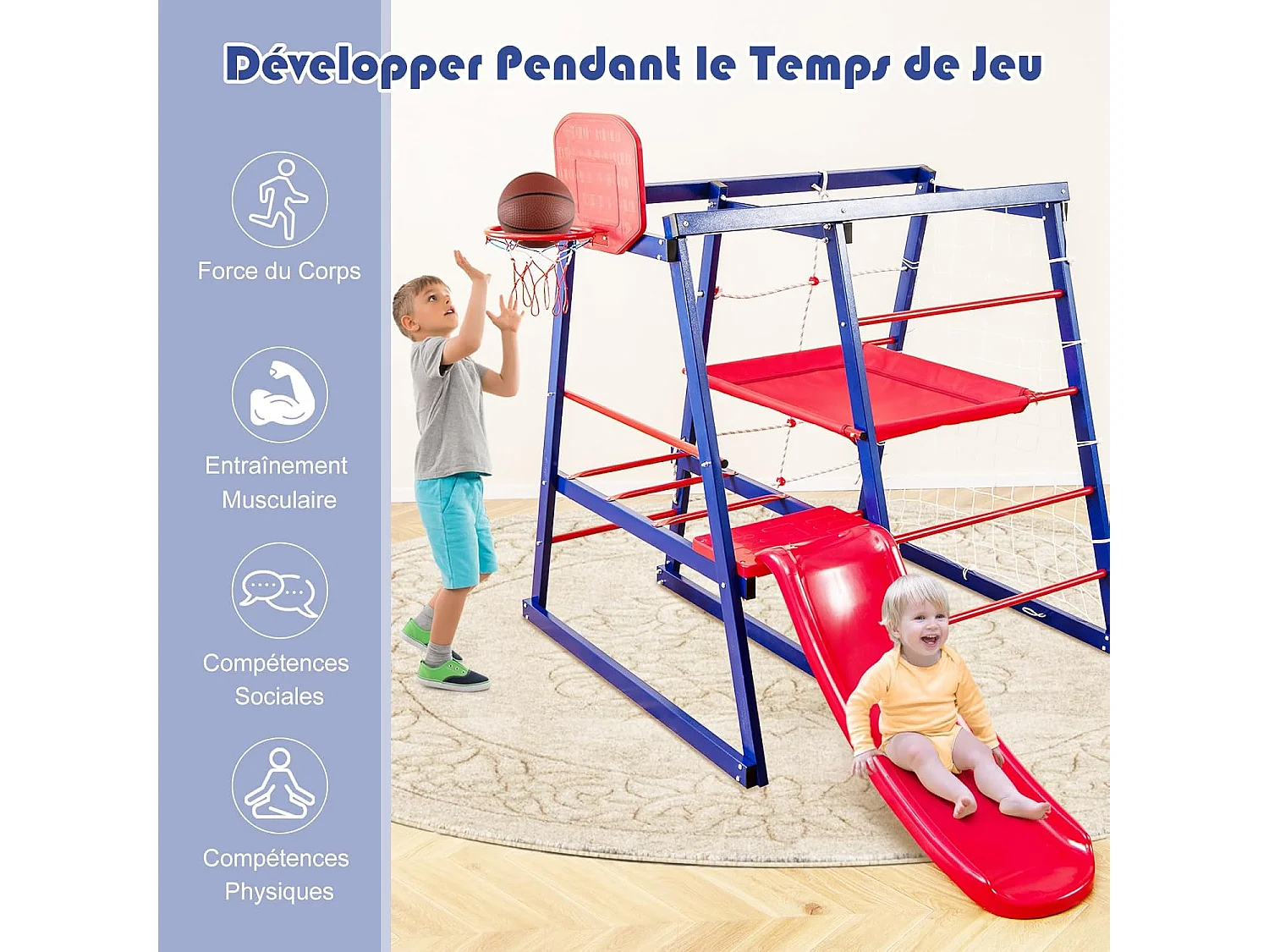 7 en 1 Aire de Jeux d’Escalade Enfant avec Toboggan & Panier de Basketball, Jouet d’Escalade Montessori avec 2 Plateforme,  Charge 120kg pour Enfants de 3-7 Ans