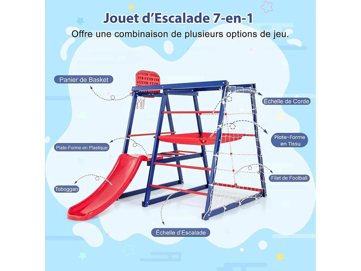 7 en 1 Aire de Jeux d’Escalade Enfant avec Toboggan & Panier de Basketball, Jouet d’Escalade Montessori avec 2 Plateforme,  Charge 120kg pour Enfants de 3-7 Ans
