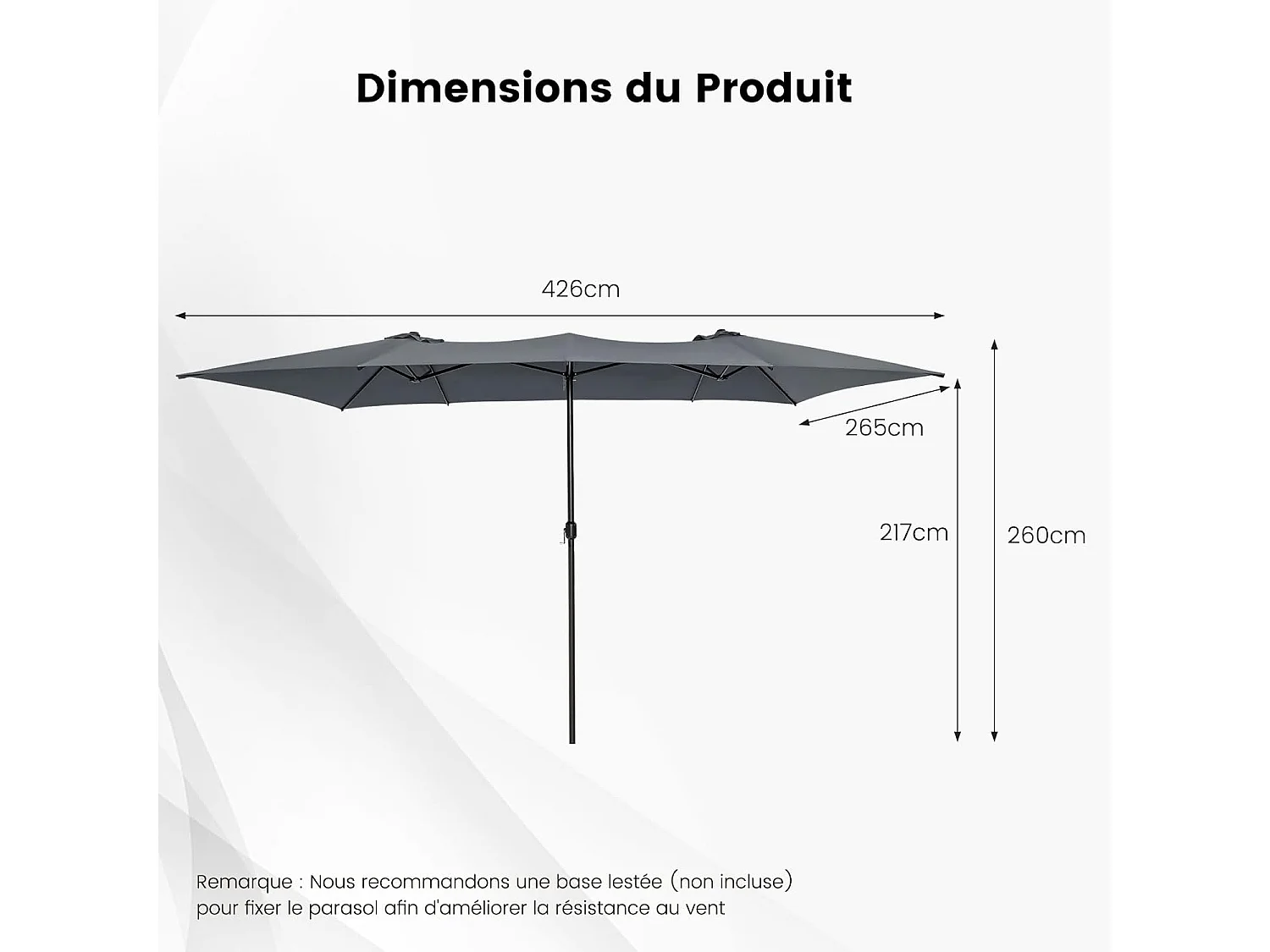 Parasol de Jardin 426 x 260 CM XXL, Parasol Terrasse à 10 côtes Cadre Métal Poignée Manivelle Sommet Ventilé, Grand Parasol Double Jumeau Gris)