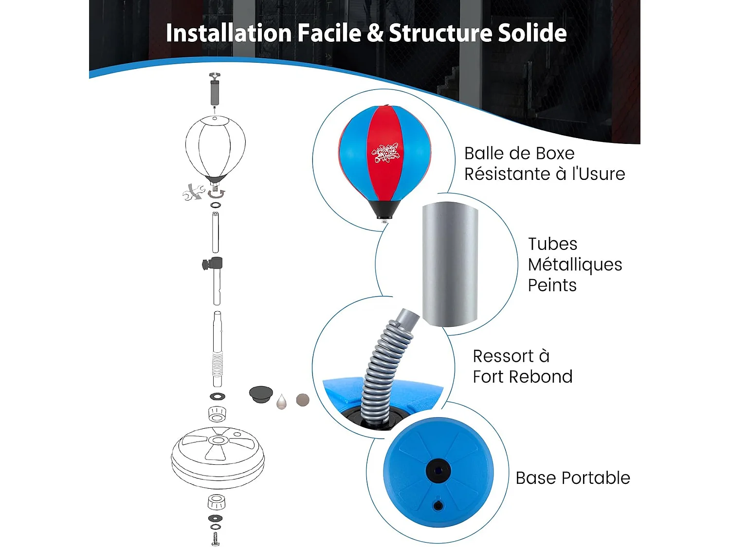 Punchingball sur Pied avec Hauteur Adjustable 120-154CM, Sac de Frappe pour Enfants 8 Ans+ et Adultes, pour Forme Physique et Relâcher la Pression (Bleu)