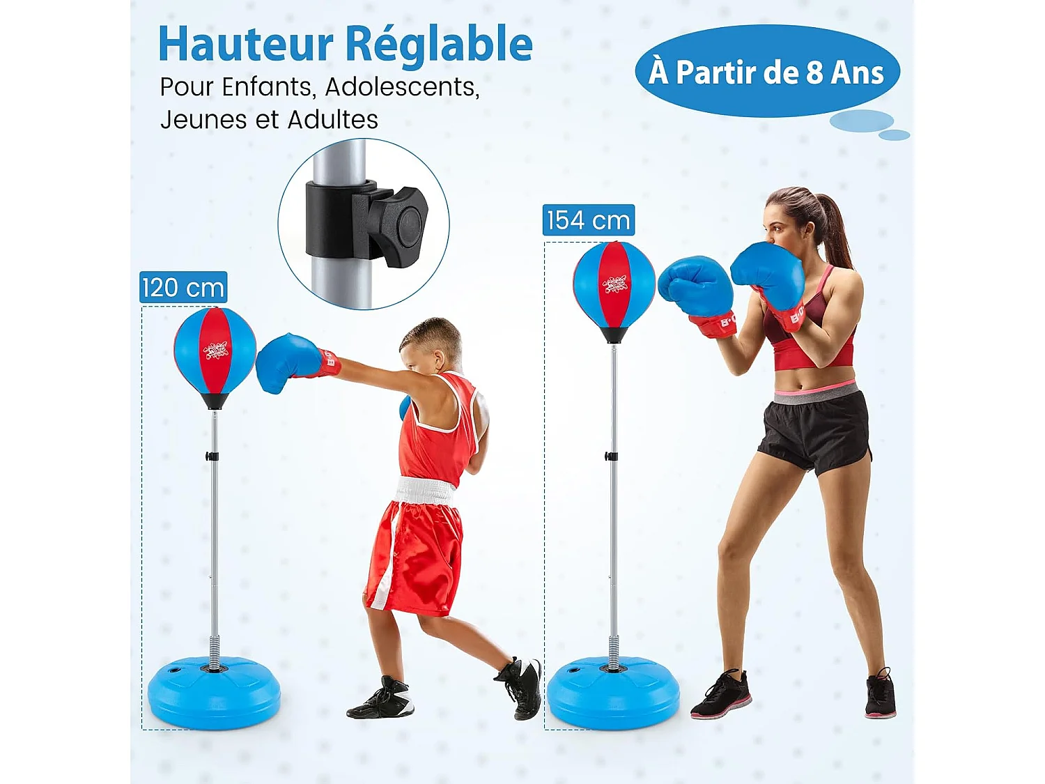 Punchingball sur Pied avec Hauteur Adjustable 120-154CM, Sac de Frappe pour Enfants 8 Ans+ et Adultes, pour Forme Physique et Relâcher la Pression (Bleu)