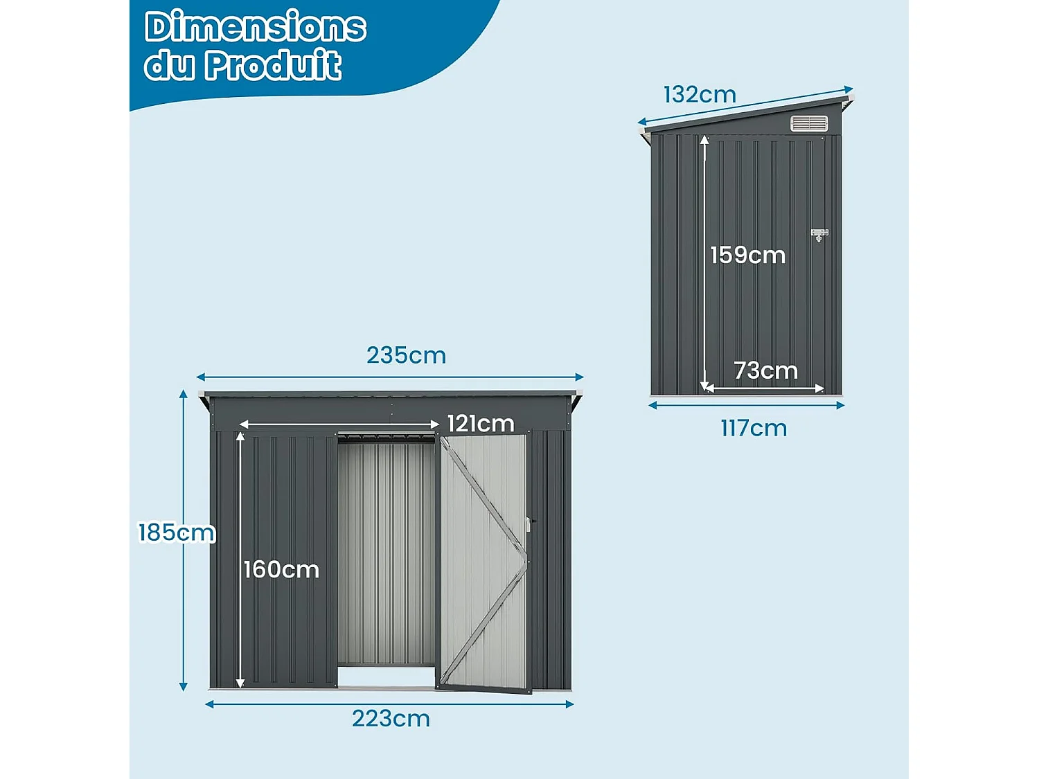 Abri de Jardin en Métal 4㎡, Cabane Jardin Exterieur en Acier Galvanisé 5,7 m³ avec Loquet, Porte avec Serrure et clé, Toit en Pente, 4 Gants, 2 Trous d’Aérations