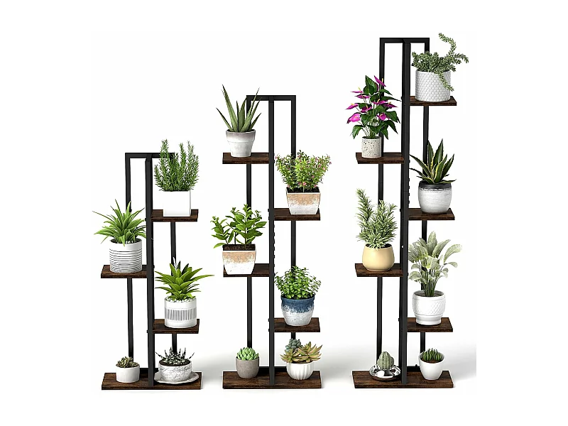 Lot de 3 Supports de Plantes Intérieures à 4+5+6 Niveaux, Porte-Plantes d'Angle avec Dispositifs Anti-basculement, Organisateurs de Pots de Fleurs, Marron