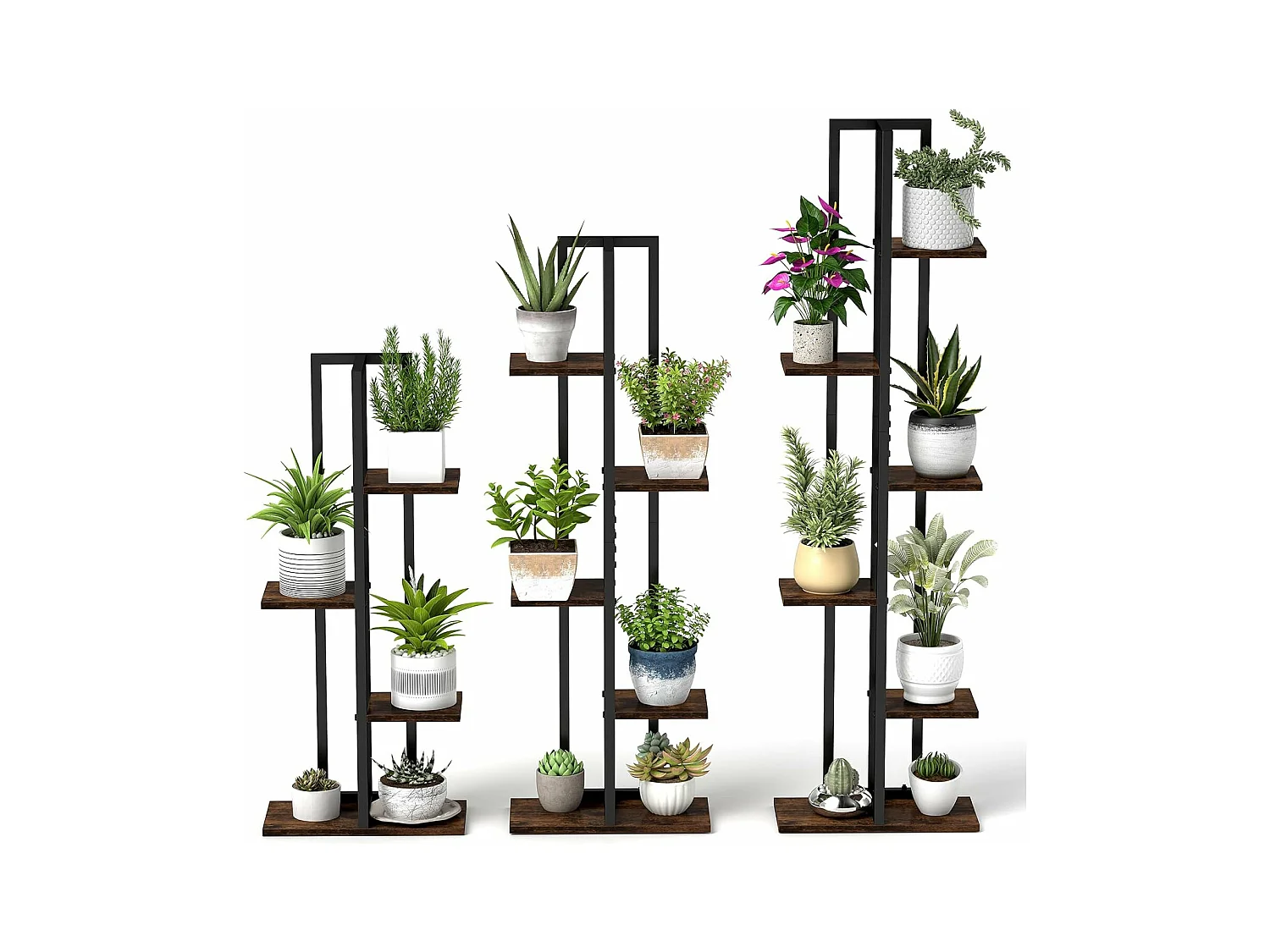 3-pack 4+5+6-laags plantenstandaards voor binnen, hoekplantenhouders met kantelbeveiliging, bloempotorganizers, bruin