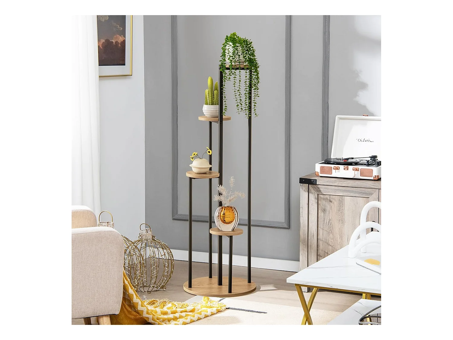 Support pour Plantes d'Intérieur à 4 Niveaux, Etagère d'Angle de H125 CM pour Plantes en Pot, Étagère à Fleurs avec Structure en Métal Doré (Naturel)