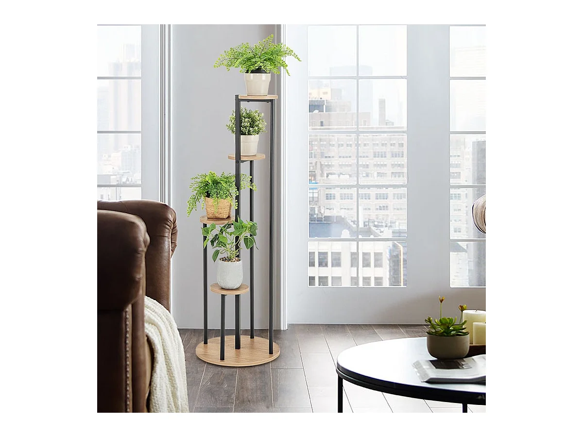Support pour Plantes d'Intérieur à 4 Niveaux, Etagère d'Angle de H125 CM pour Plantes en Pot, Étagère à Fleurs avec Structure en Métal Doré (Naturel)