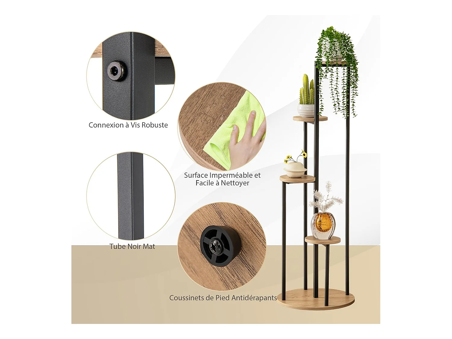 Support pour Plantes d'Intérieur à 4 Niveaux, Etagère d'Angle de H125 CM pour Plantes en Pot, Étagère à Fleurs avec Structure en Métal Doré (Naturel)