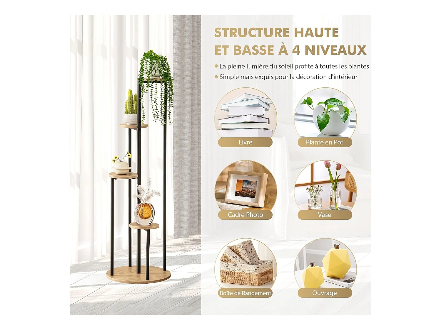 Support pour Plantes d'Intérieur à 4 Niveaux, Etagère d'Angle de H125 CM pour Plantes en Pot, Étagère à Fleurs avec Structure en Métal Doré (Naturel)