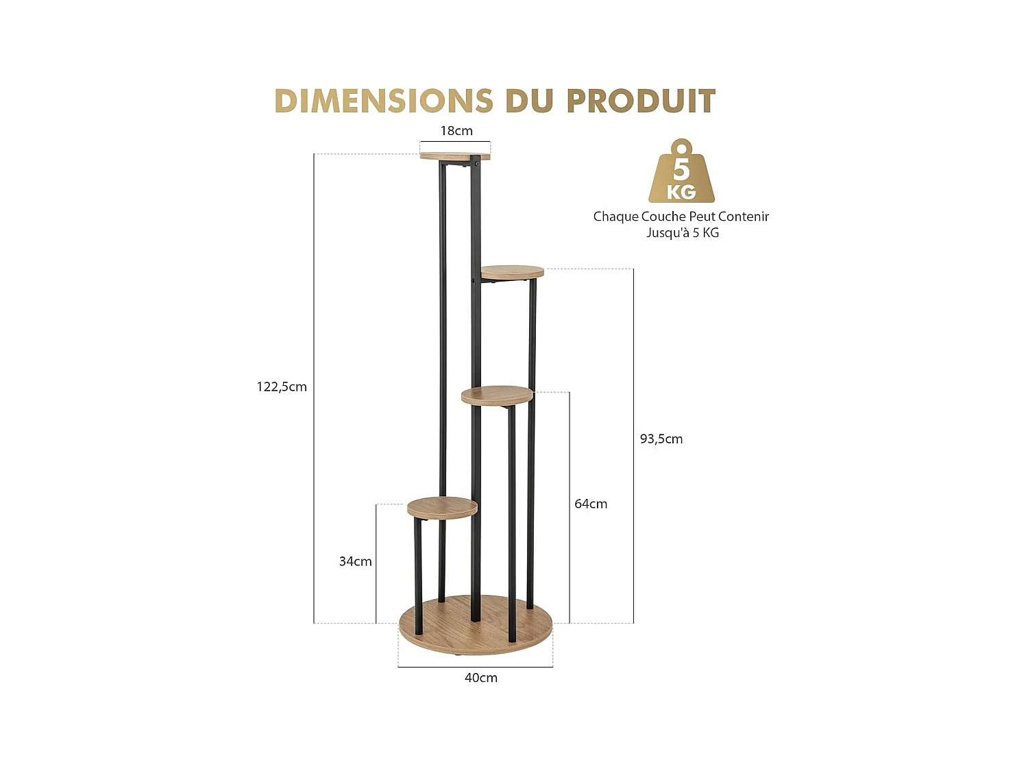 Support pour Plantes d'Intérieur à 4 Niveaux, Etagère d'Angle de H125 CM pour Plantes en Pot, Étagère à Fleurs avec Structure en Métal Doré (Naturel)