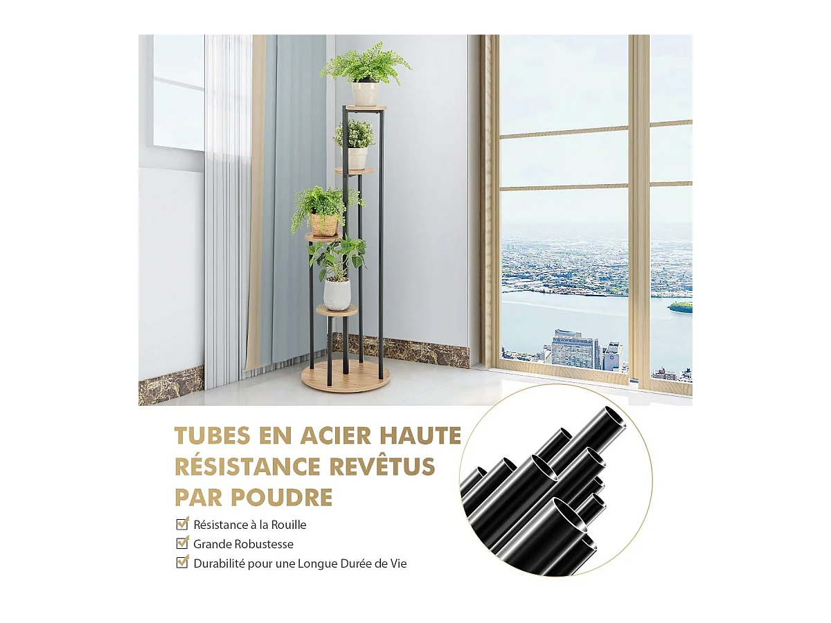 Support pour Plantes d'Intérieur à 4 Niveaux, Etagère d'Angle de H125 CM pour Plantes en Pot, Étagère à Fleurs avec Structure en Métal Doré (Naturel)