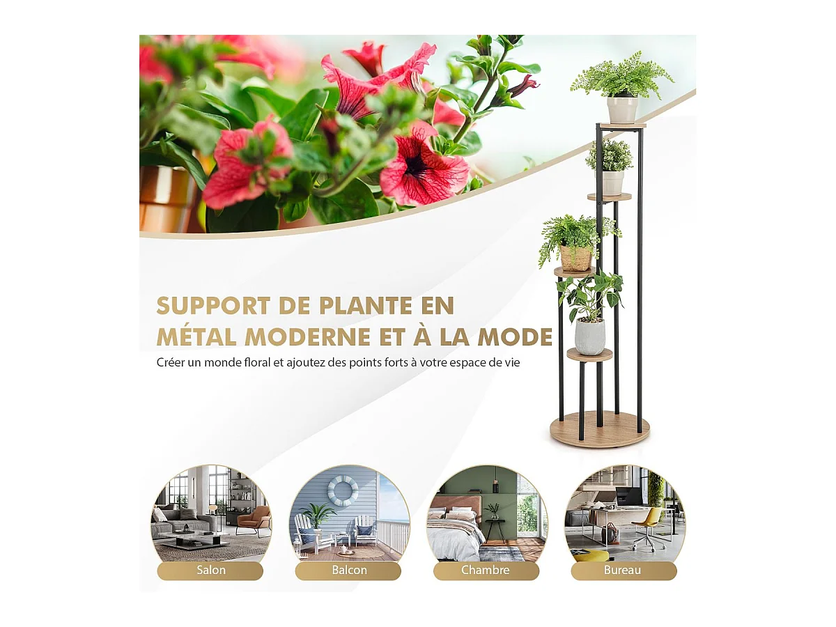Support pour Plantes d'Intérieur à 4 Niveaux, Etagère d'Angle de H125 CM pour Plantes en Pot, Étagère à Fleurs avec Structure en Métal Doré (Naturel)