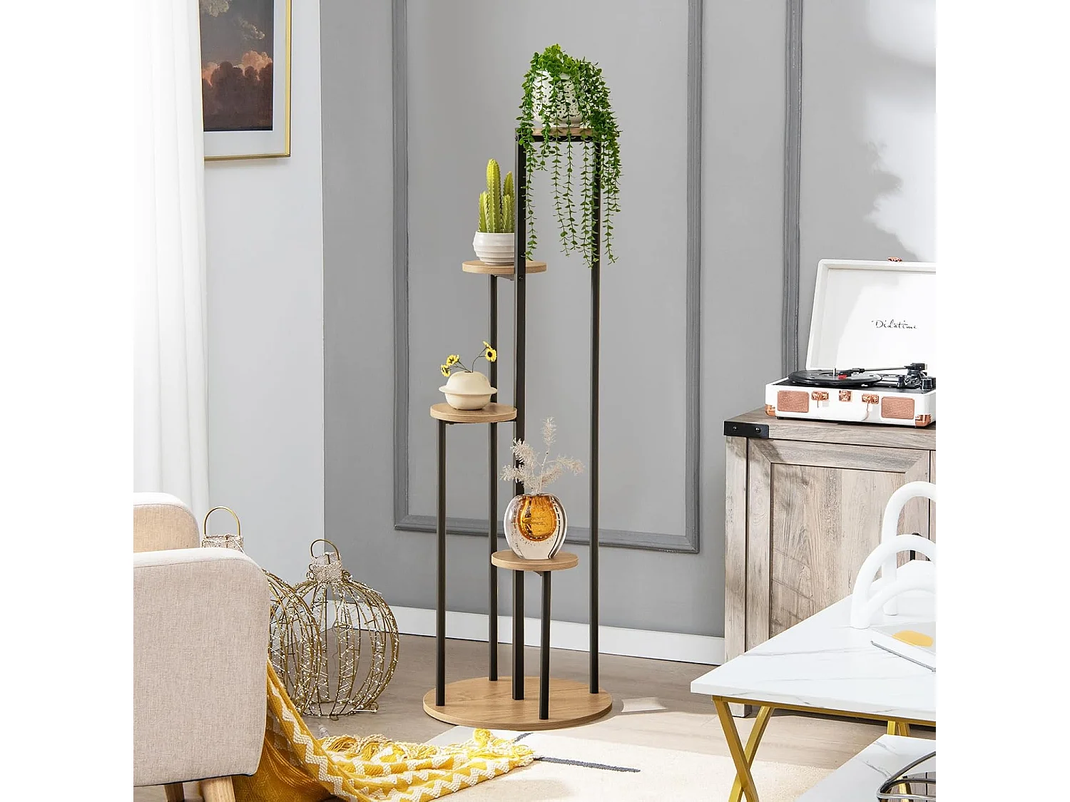 Support pour Plantes d'Intérieur à 4 Niveaux, Etagère d'Angle de H125 CM pour Plantes en Pot, Étagère à Fleurs avec Structure en Métal Doré (Naturel)