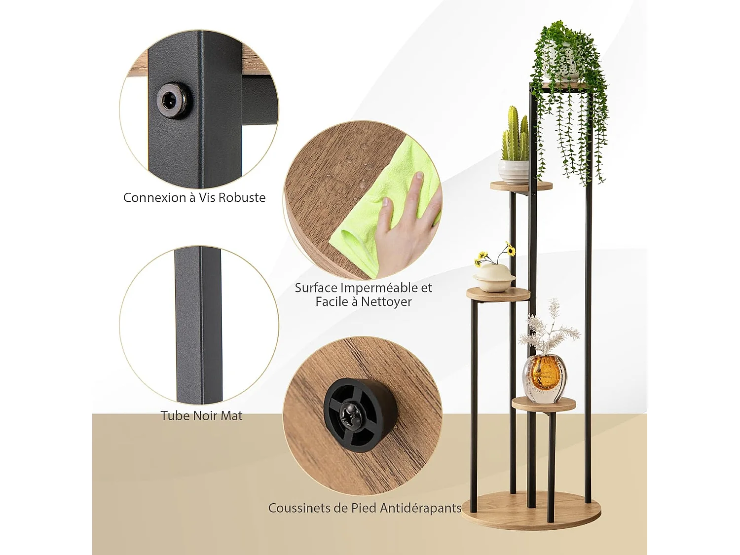 Support pour Plantes d'Intérieur à 4 Niveaux, Etagère d'Angle de H125 CM pour Plantes en Pot, Étagère à Fleurs avec Structure en Métal Doré (Naturel)