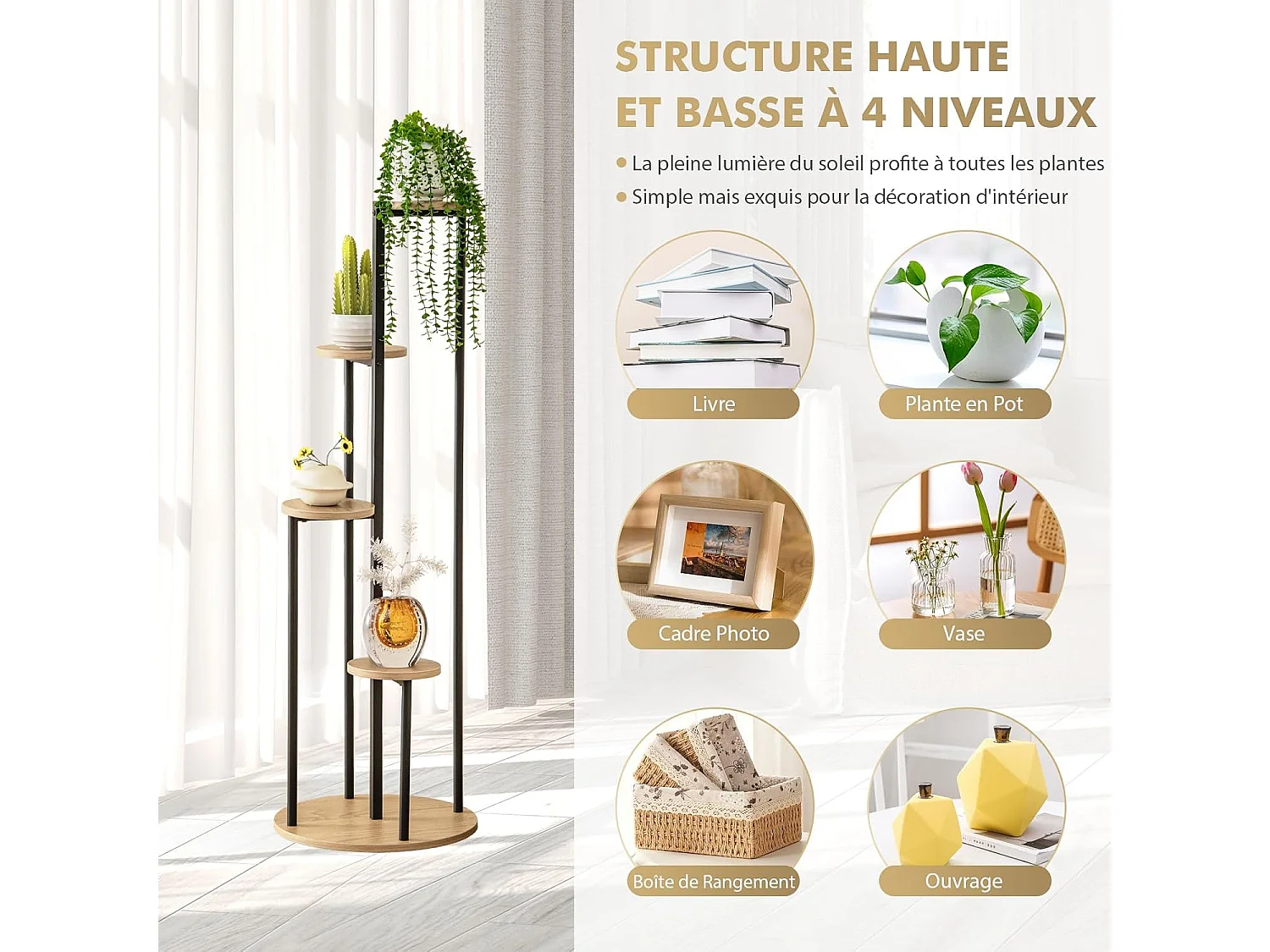 Support pour Plantes d'Intérieur à 4 Niveaux, Etagère d'Angle de H125 CM pour Plantes en Pot, Étagère à Fleurs avec Structure en Métal Doré (Naturel)