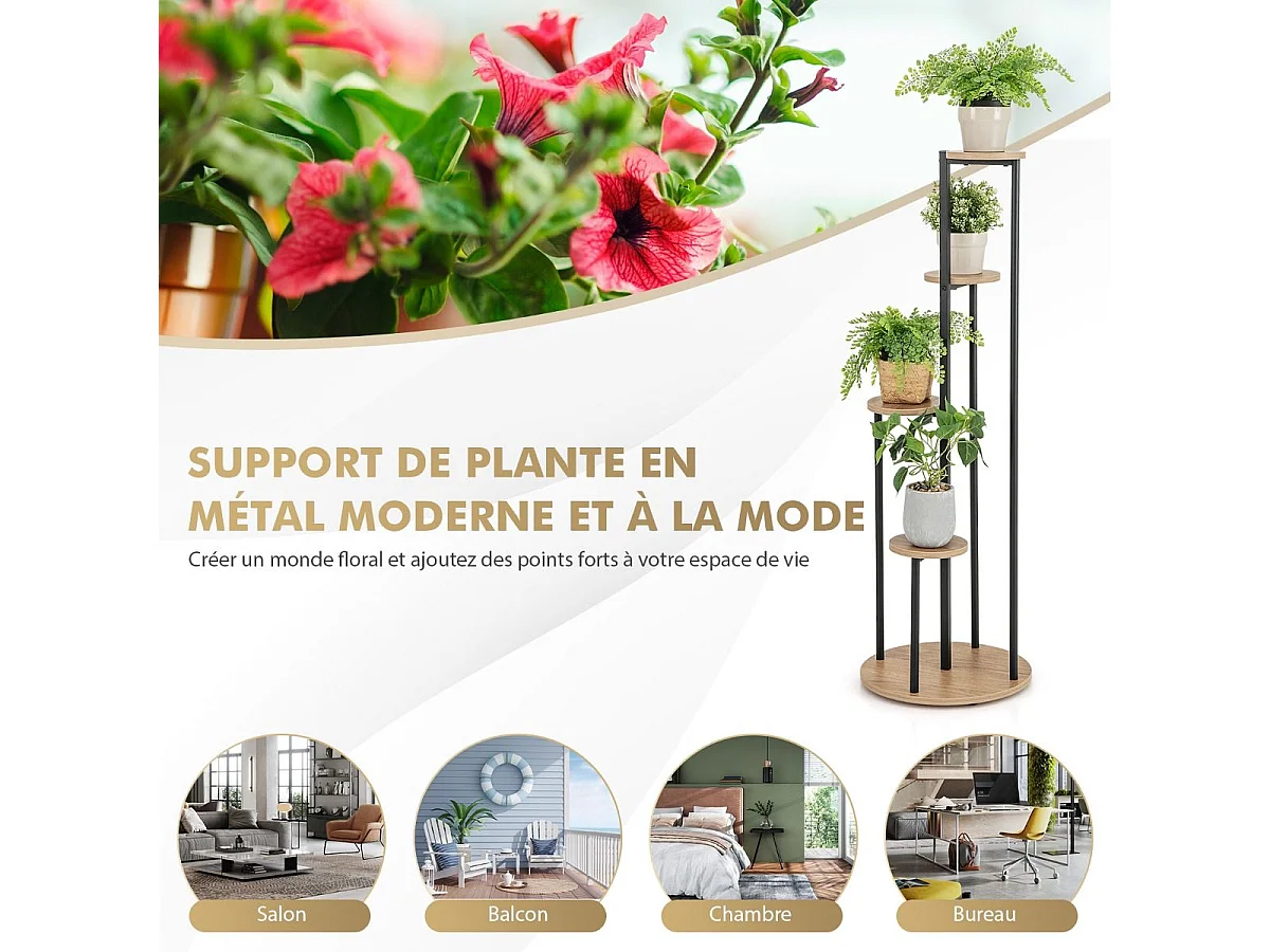 Support pour Plantes d'Intérieur à 4 Niveaux, Etagère d'Angle de H125 CM pour Plantes en Pot, Étagère à Fleurs avec Structure en Métal Doré (Naturel)