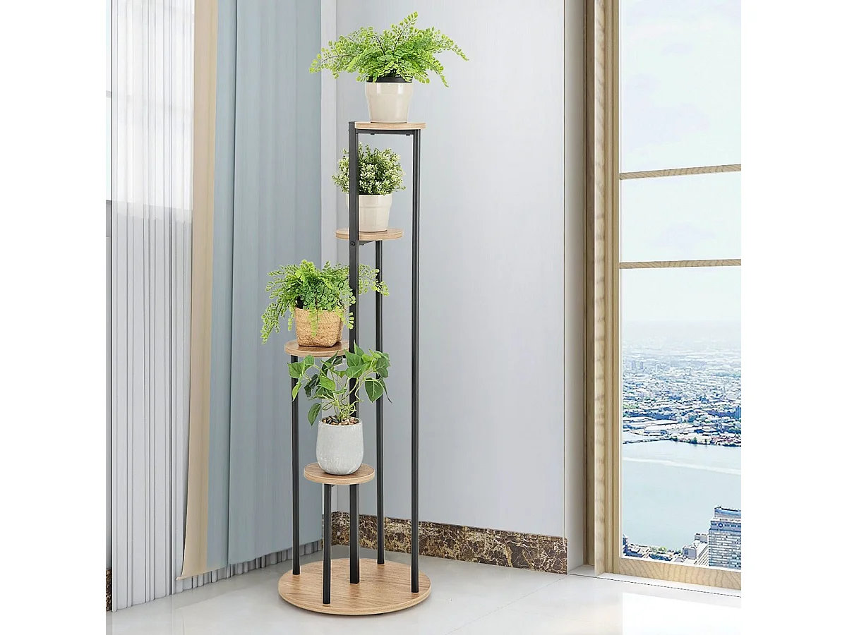 Support pour Plantes d'Intérieur à 4 Niveaux, Etagère d'Angle de H125 CM pour Plantes en Pot, Étagère à Fleurs avec Structure en Métal Doré (Naturel)