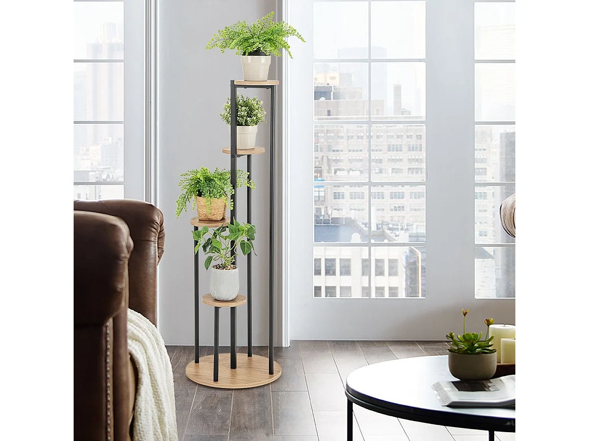 Support pour Plantes d'Intérieur à 4 Niveaux, Etagère d'Angle de H125 CM pour Plantes en Pot, Étagère à Fleurs avec Structure en Métal Doré (Naturel)