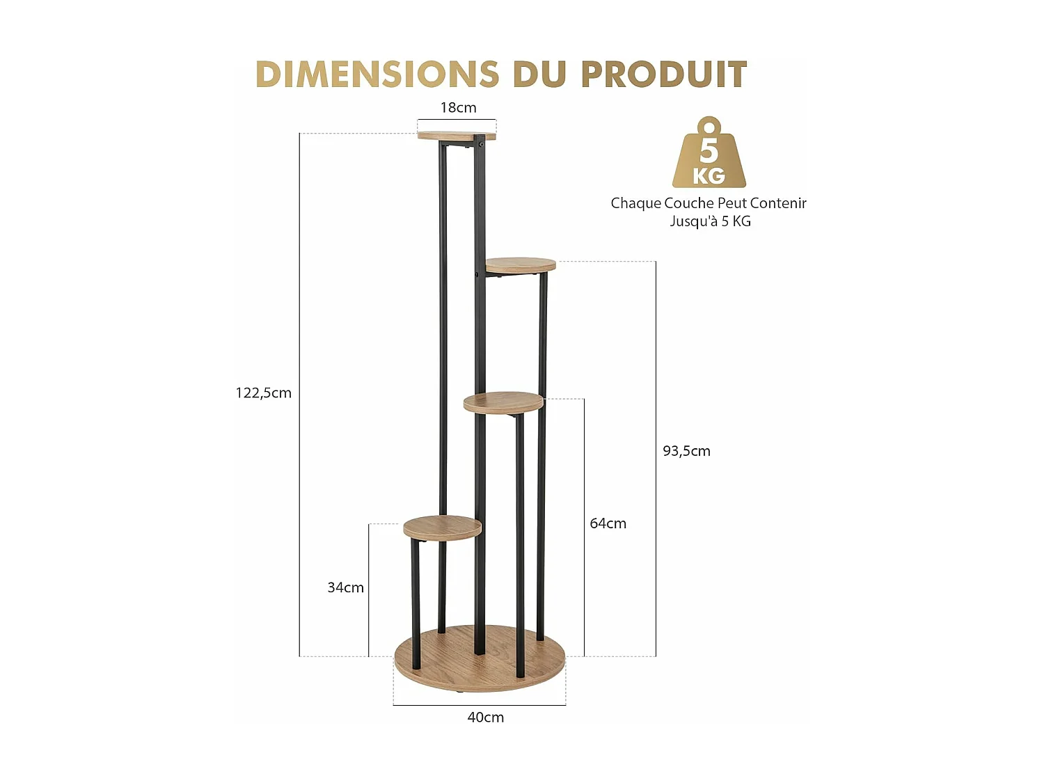 Support pour Plantes d'Intérieur à 4 Niveaux, Etagère d'Angle de H125 CM pour Plantes en Pot, Étagère à Fleurs avec Structure en Métal Doré (Naturel)
