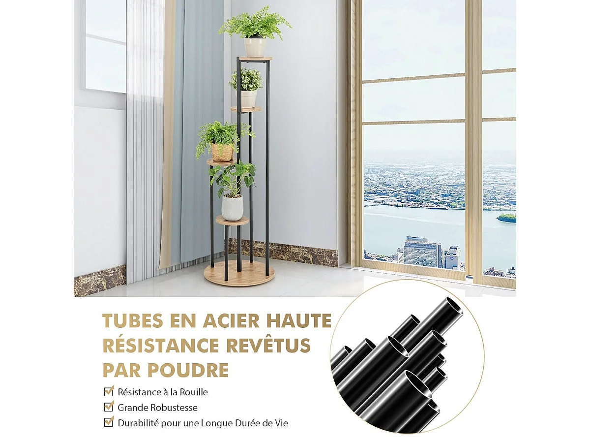 Support pour Plantes d'Intérieur à 4 Niveaux, Etagère d'Angle de H125 CM pour Plantes en Pot, Étagère à Fleurs avec Structure en Métal Doré (Naturel)