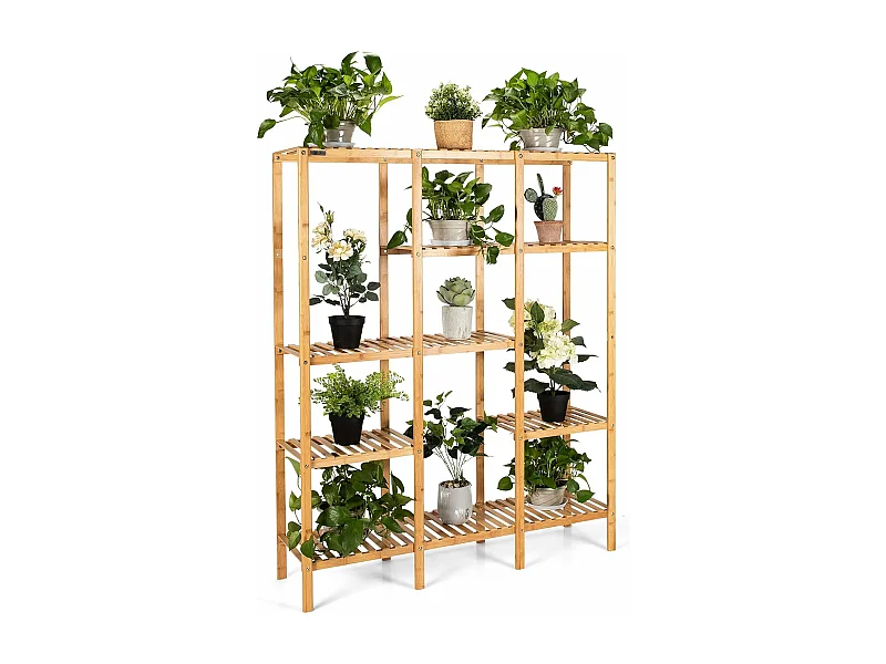 Support pour Plantes en Bambou à 5 Niveaux, Porte-Plante pour 12 Plantes en Pot Charge Max 50KG, Support de Rangements de Plantes, 114 x 31,5 x 141 cm