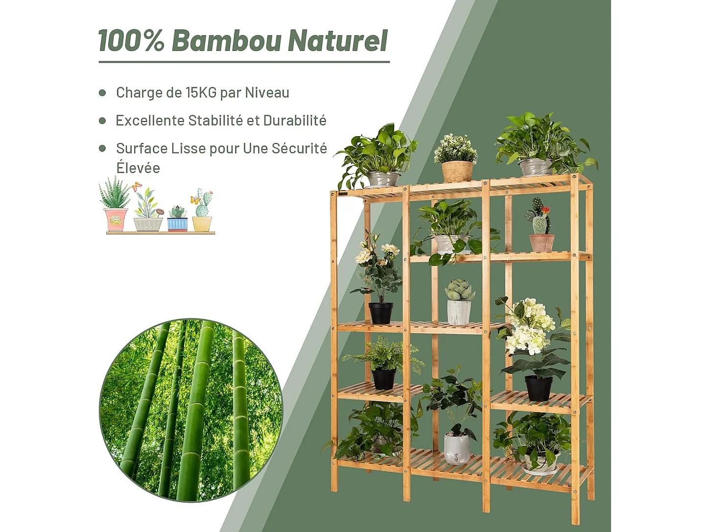 Support pour Plantes en Bambou à 5 Niveaux, Porte-Plante pour 12 Plantes en Pot Charge Max 50KG, Support de Rangements de Plantes, 114 x 31,5 x 141 cm