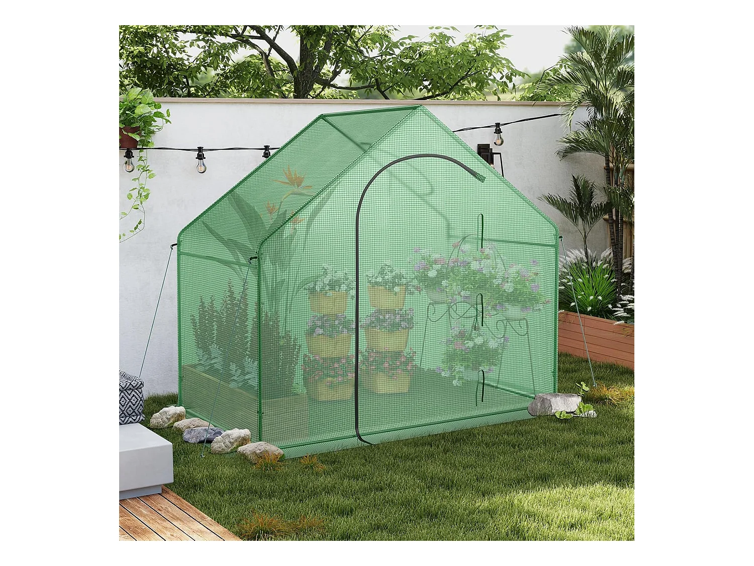 Serre de Jardin avec Housse en PE, Mini Serre de Plain-Pied avec Cadre en Métal Antirouille Porte Zippée Enroulable, 179 x 100 x 167 cm