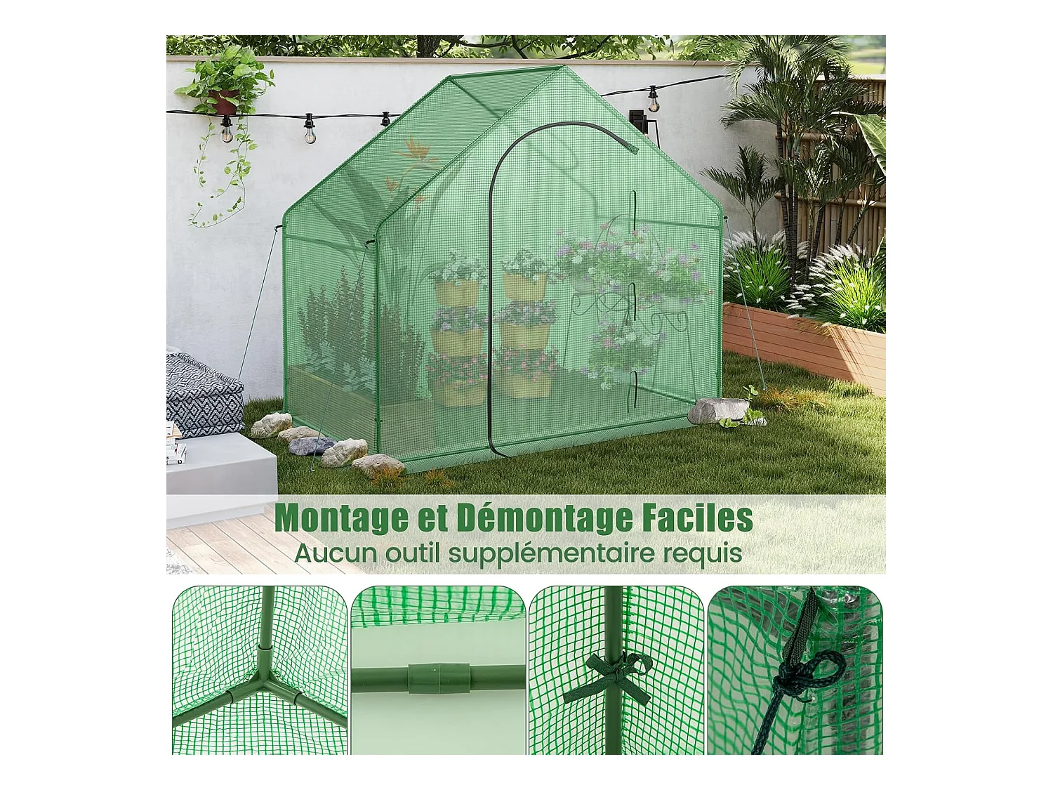 Serre de Jardin avec Housse en PE, Mini Serre de Plain-Pied avec Cadre en Métal Antirouille Porte Zippée Enroulable, 179 x 100 x 167 cm