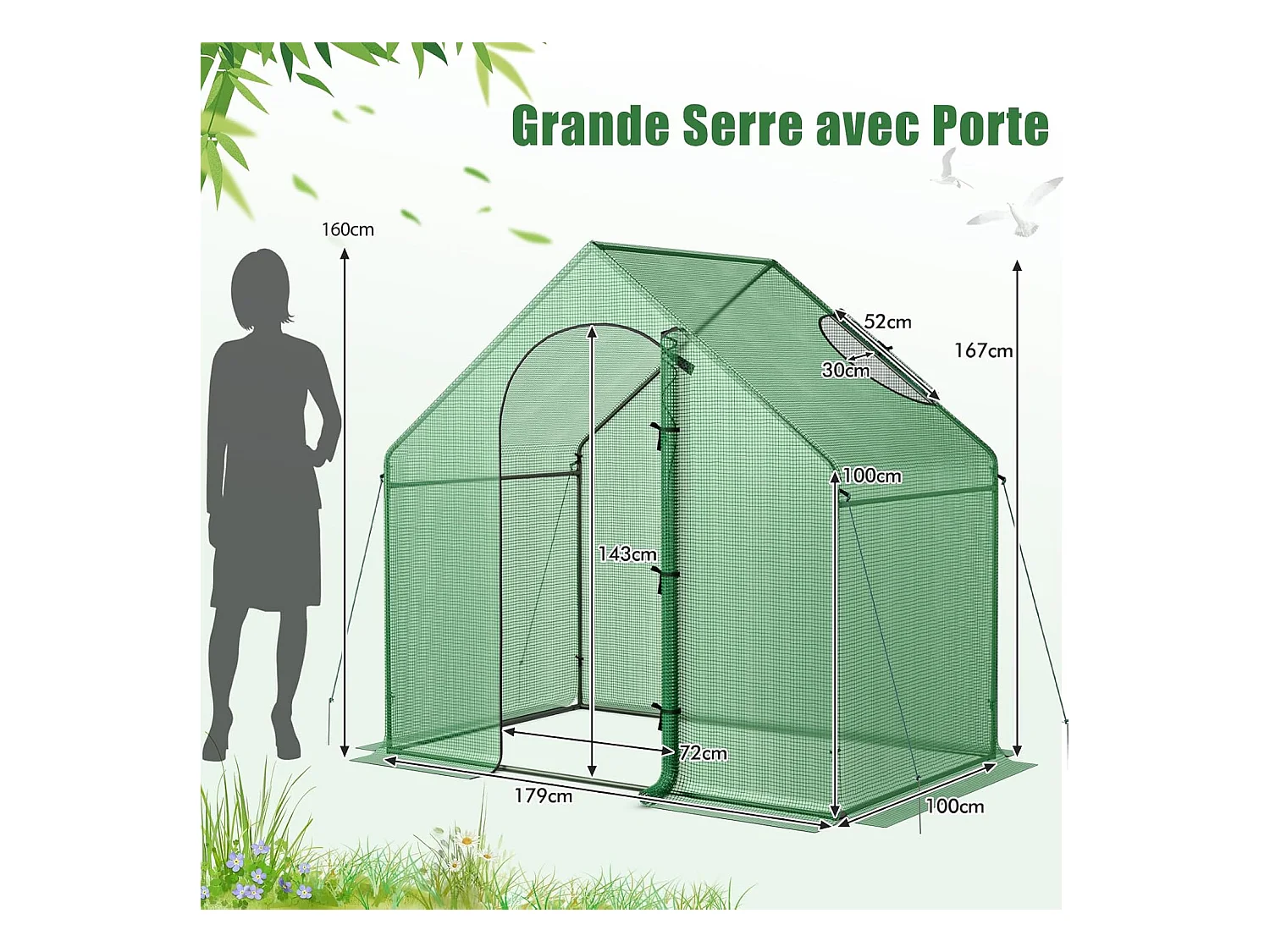 Serre de Jardin avec Housse en PE, Mini Serre de Plain-Pied avec Cadre en Métal Antirouille Porte Zippée Enroulable, 179 x 100 x 167 cm