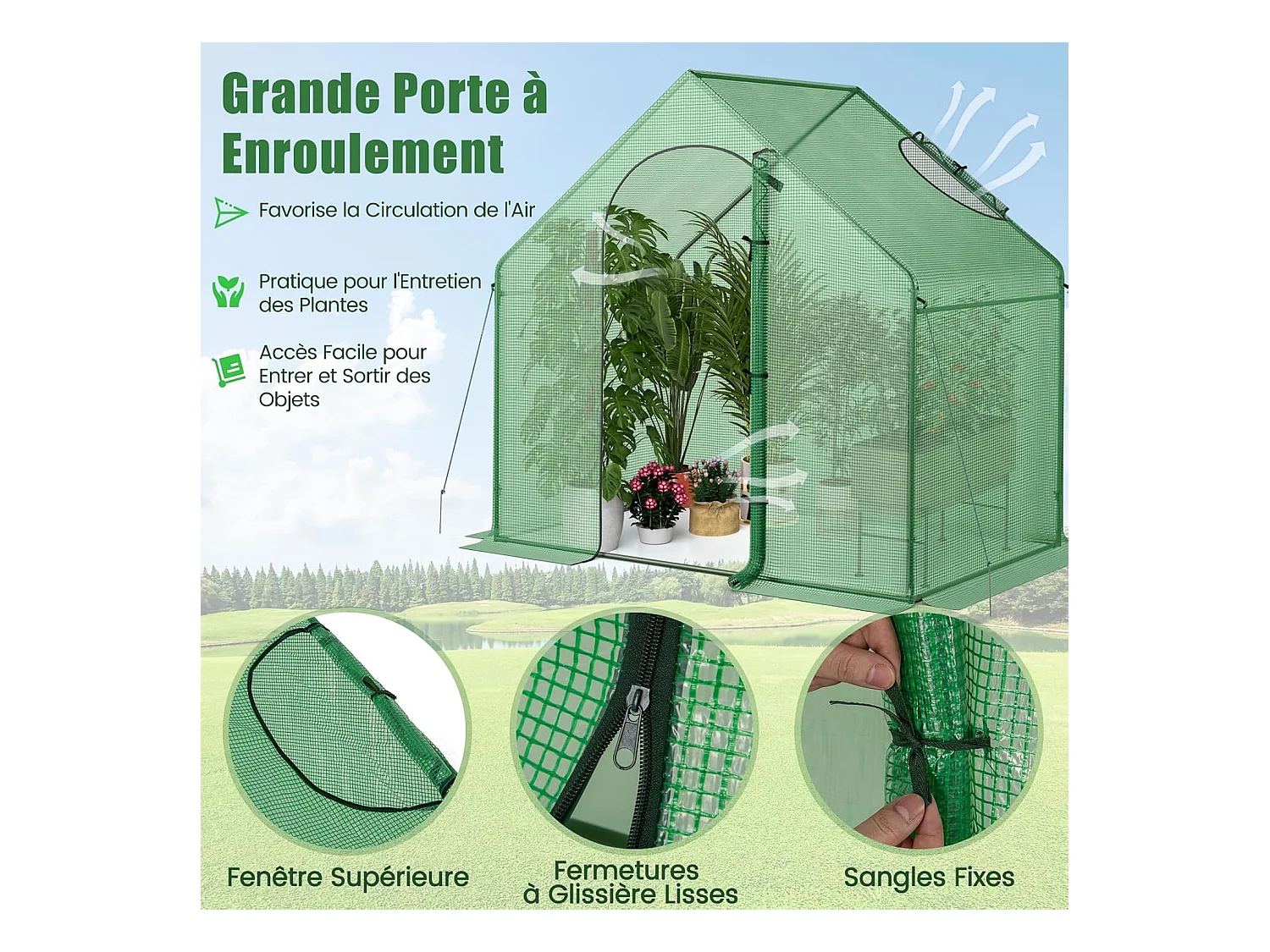 Serre de Jardin avec Housse en PE, Mini Serre de Plain-Pied avec Cadre en Métal Antirouille Porte Zippée Enroulable, 179 x 100 x 167 cm