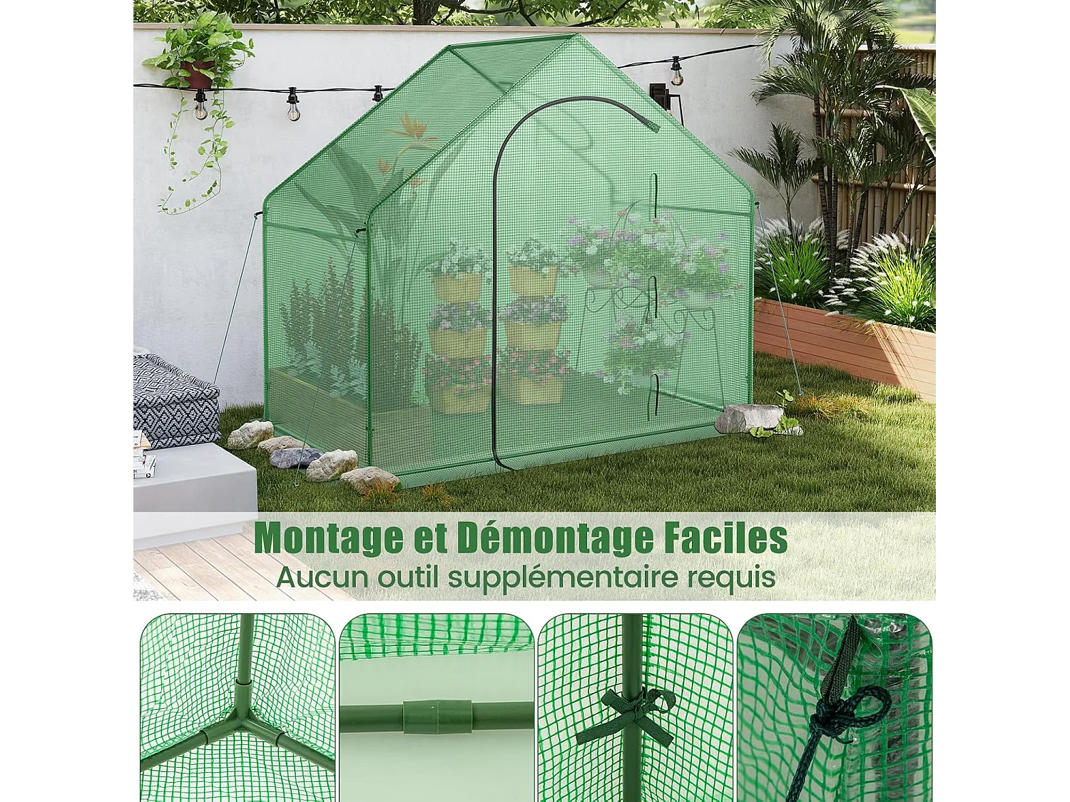 Serre de Jardin avec Housse en PE, Mini Serre de Plain-Pied avec Cadre en Métal Antirouille Porte Zippée Enroulable, 179 x 100 x 167 cm