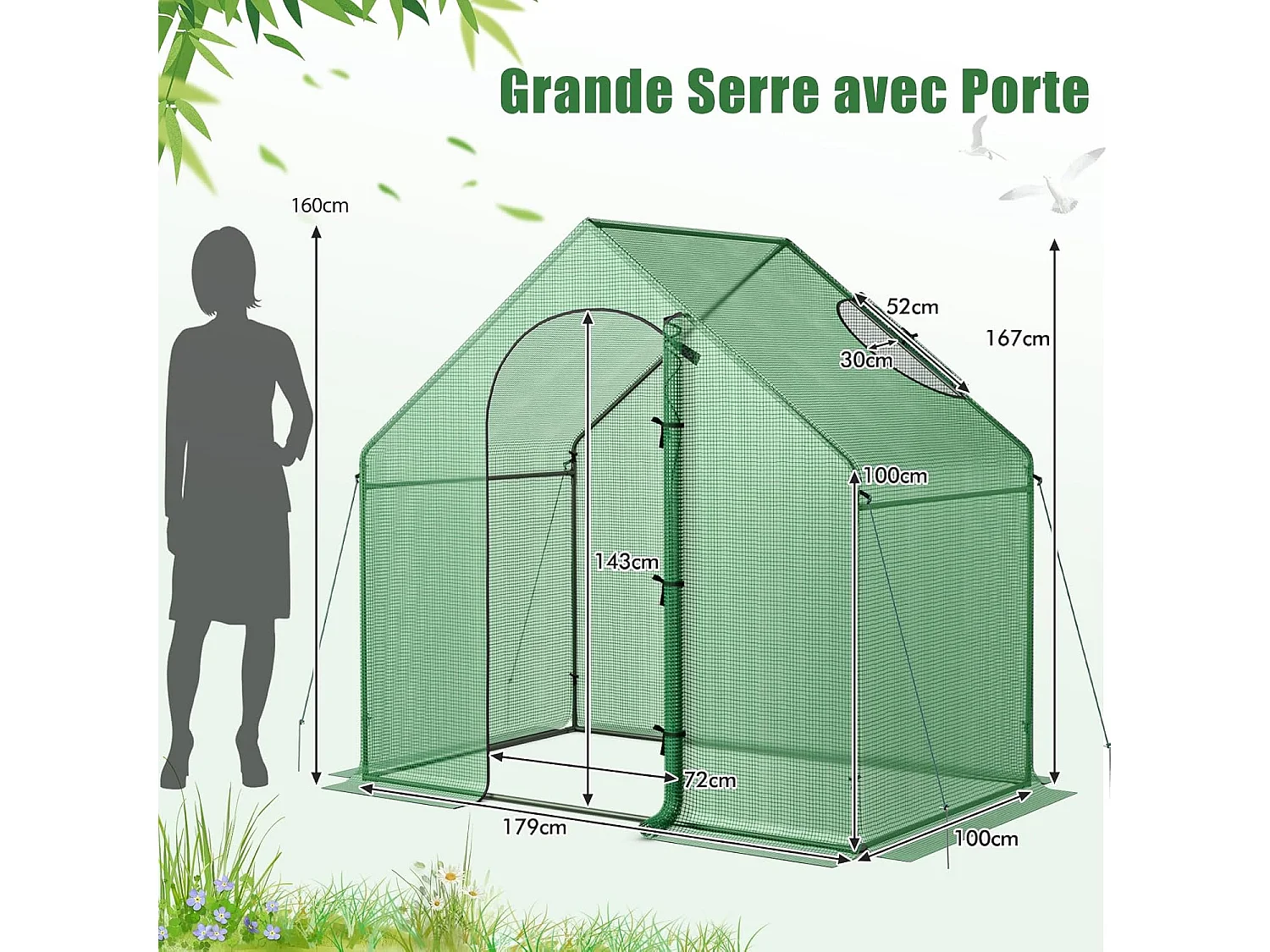 Serre de Jardin avec Housse en PE, Mini Serre de Plain-Pied avec Cadre en Métal Antirouille Porte Zippée Enroulable, 179 x 100 x 167 cm