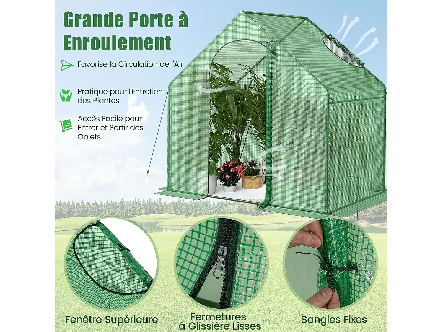 Serre de Jardin avec Housse en PE, Mini Serre de Plain-Pied avec Cadre en Métal Antirouille Porte Zippée Enroulable, 179 x 100 x 167 cm