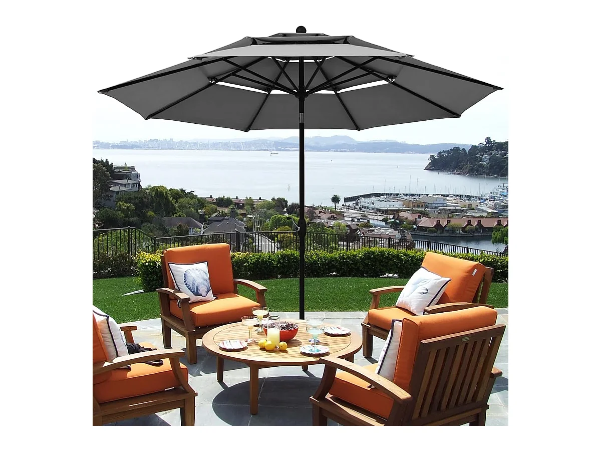 3m parasol voor buiten, 3 niveaus, automatisch kantelbaar, dubbele ventilatie, zwengel, aluminium paal voor Market Pool Garden (grijs)