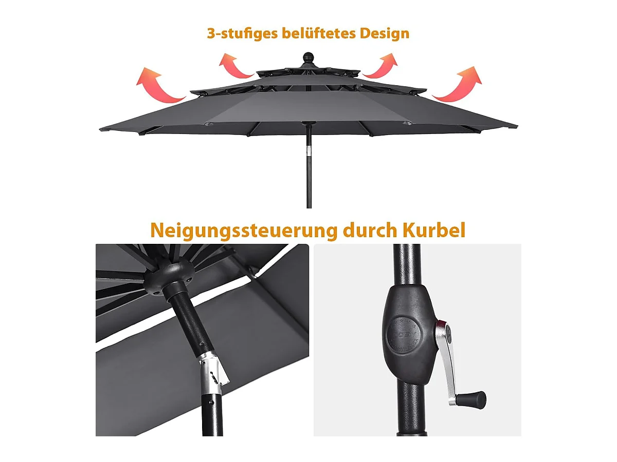 3m parasol voor buiten, 3 niveaus, automatisch kantelbaar, dubbele ventilatie, zwengel, aluminium paal voor Market Pool Garden (grijs)
